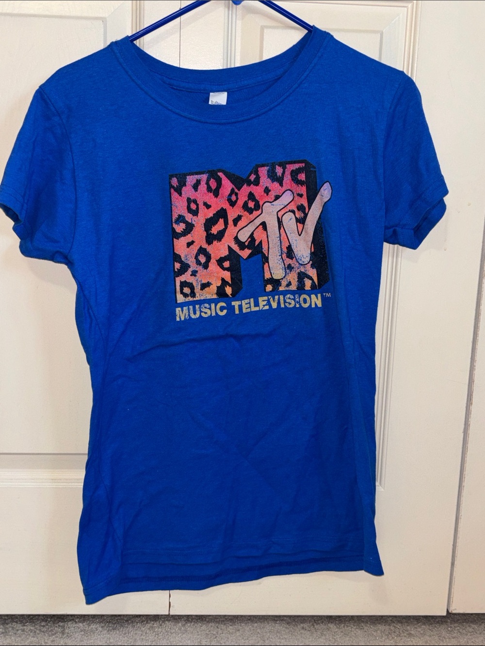 MTV Blue Tee with Pink & Orange Leopard Logo